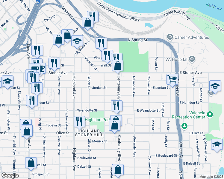 map of restaurants, bars, coffee shops, grocery stores, and more near 227 Jordan Street in Shreveport