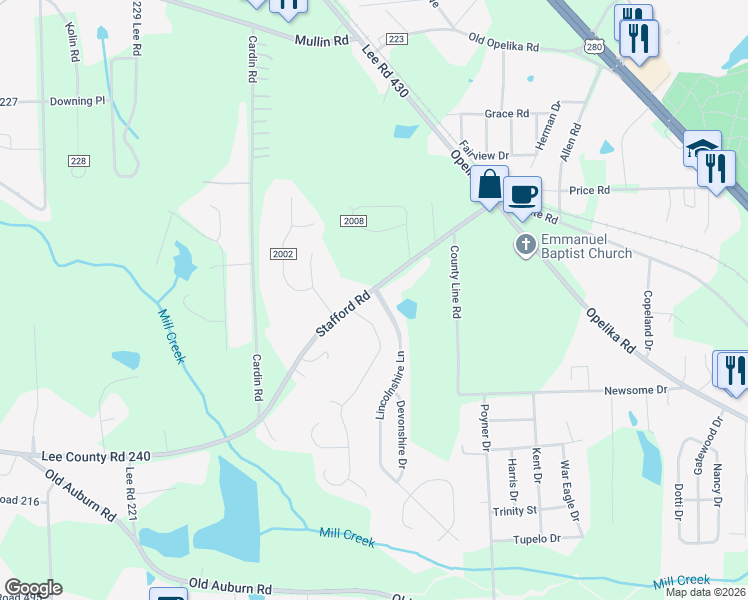 map of restaurants, bars, coffee shops, grocery stores, and more near 2 Lincolnshire Lane in Phenix City