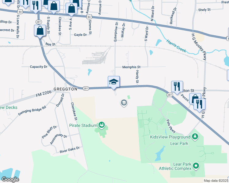 map of restaurants, bars, coffee shops, grocery stores, and more near P.T. Parkway in Longview