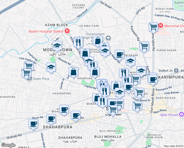 map of restaurants, bars, coffee shops, grocery stores, and more near 1 Khadim Ali Road in Sialkot