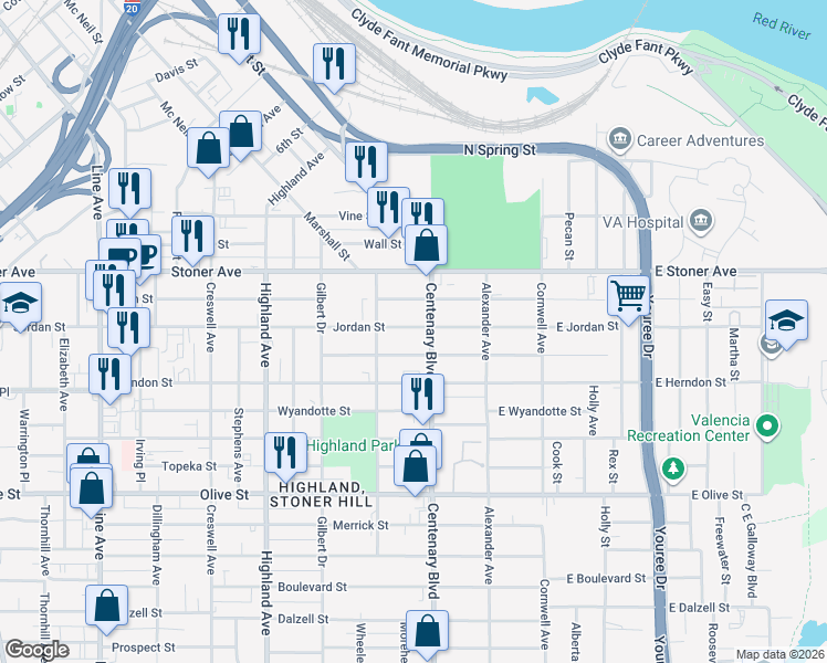 map of restaurants, bars, coffee shops, grocery stores, and more near 217 Jordan Street in Shreveport