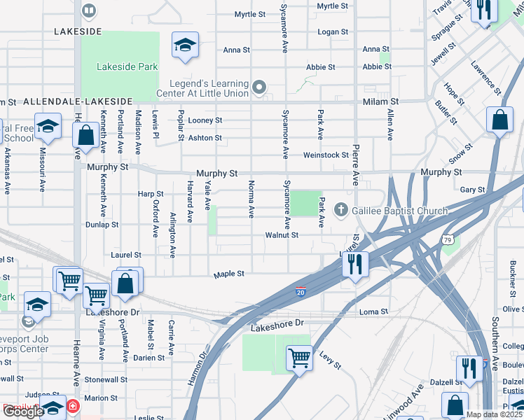 map of restaurants, bars, coffee shops, grocery stores, and more near in Shreveport