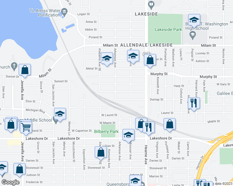 map of restaurants, bars, coffee shops, grocery stores, and more near 2861 West Jordan Street in Shreveport