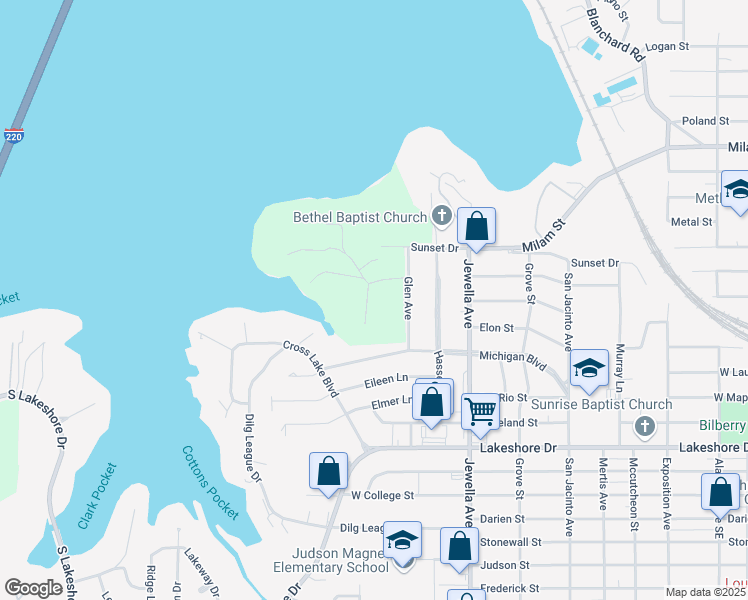 map of restaurants, bars, coffee shops, grocery stores, and more near 38 Lake Forest Hills Drive in Shreveport