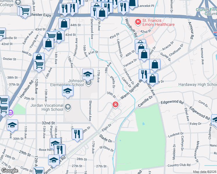 map of restaurants, bars, coffee shops, grocery stores, and more near 1817 35th Street in Columbus