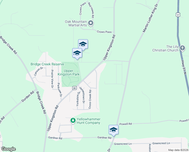 map of restaurants, bars, coffee shops, grocery stores, and more near 1308 Kingston Oaks Drive in Prattville