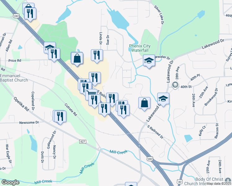 map of restaurants, bars, coffee shops, grocery stores, and more near 3552-3628 S Railroad St in Phenix City