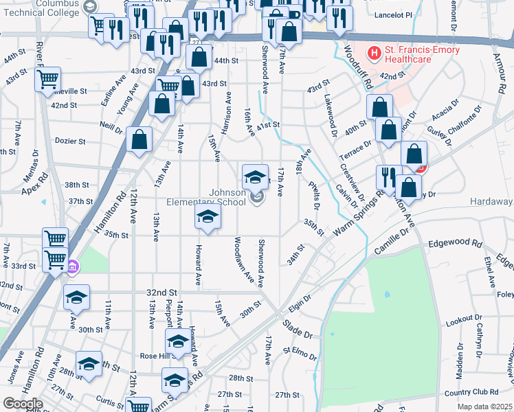 map of restaurants, bars, coffee shops, grocery stores, and more near 3700 Woodlawn Avenue in Columbus