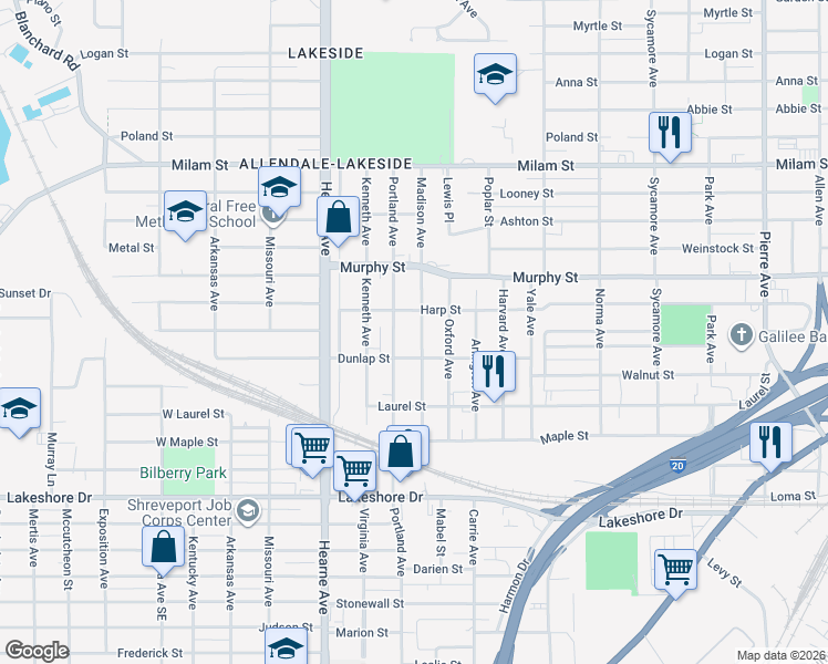 map of restaurants, bars, coffee shops, grocery stores, and more near 1442 Madison Avenue in Shreveport