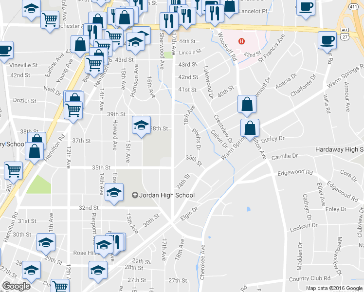 map of restaurants, bars, coffee shops, grocery stores, and more near 3615 18th Avenue in Columbus