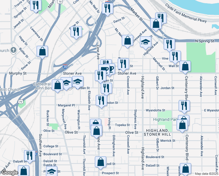 map of restaurants, bars, coffee shops, grocery stores, and more near Irving Place in Shreveport