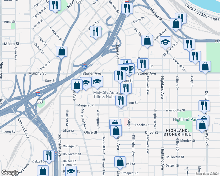 map of restaurants, bars, coffee shops, grocery stores, and more near 840 Jordan Street in Shreveport