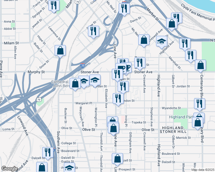 map of restaurants, bars, coffee shops, grocery stores, and more near 840 Jordan Street in Shreveport