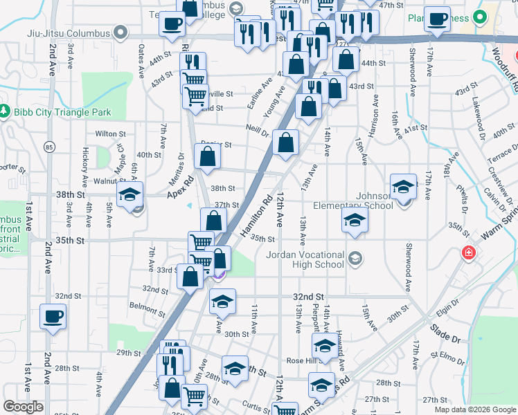map of restaurants, bars, coffee shops, grocery stores, and more near 3608 Hamilton Road in Columbus