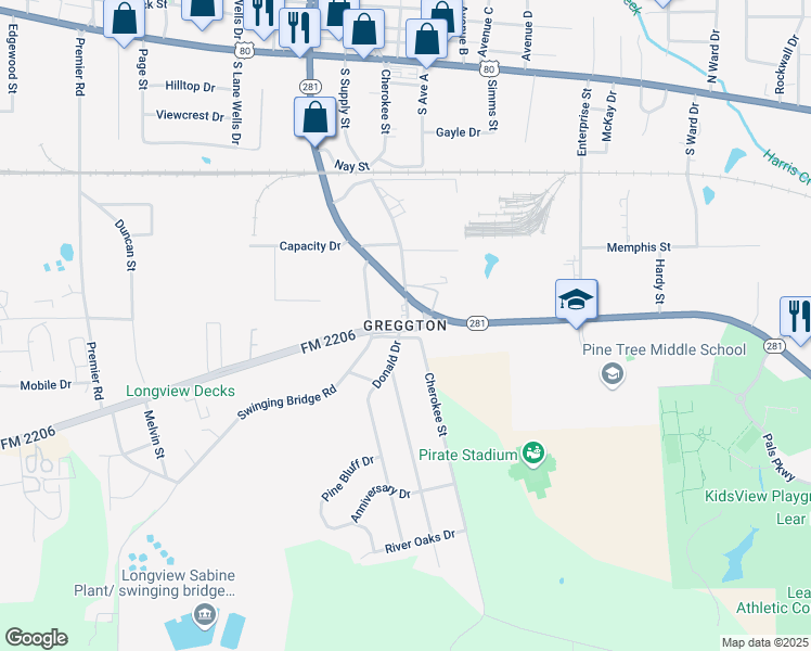 map of restaurants, bars, coffee shops, grocery stores, and more near in Longview