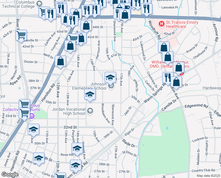 map of restaurants, bars, coffee shops, grocery stores, and more near 3700 Woodlawn Avenue in Columbus