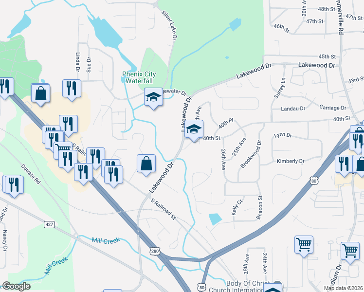 map of restaurants, bars, coffee shops, grocery stores, and more near Lakewood Drive in Phenix City