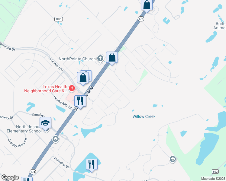 map of restaurants, bars, coffee shops, grocery stores, and more near 525 Crawford Drive in Burleson