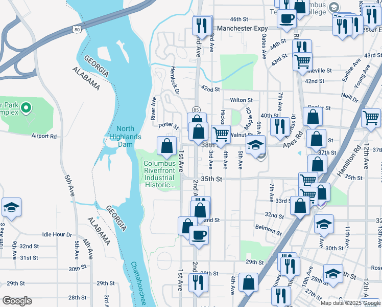 map of restaurants, bars, coffee shops, grocery stores, and more near 3802A 2nd Avenue in Columbus