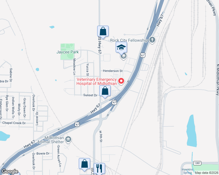 map of restaurants, bars, coffee shops, grocery stores, and more near 1428 North 9th Street in Midlothian