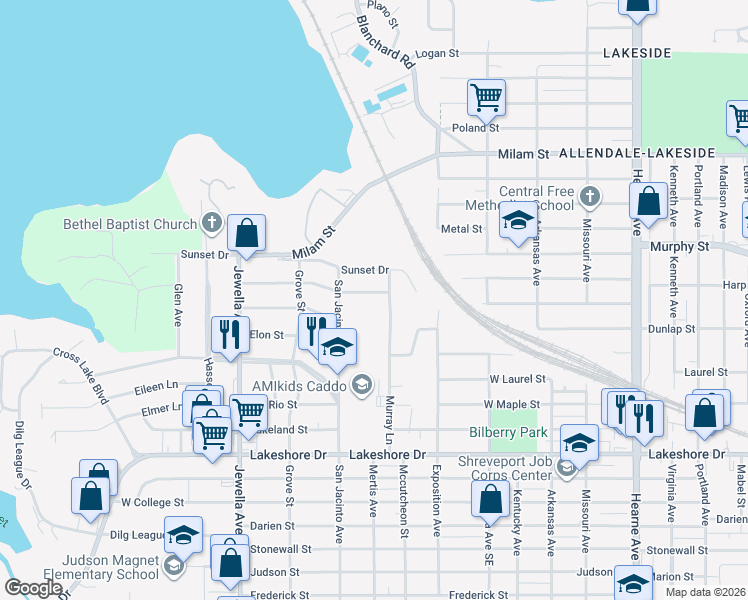 map of restaurants, bars, coffee shops, grocery stores, and more near 3425 Sunset Drive in Shreveport