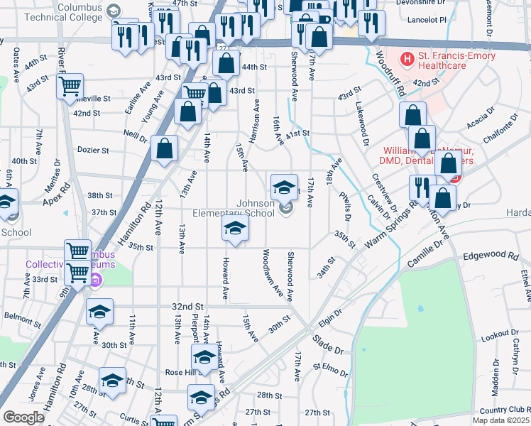 map of restaurants, bars, coffee shops, grocery stores, and more near 3627 Woodlawn Avenue in Columbus