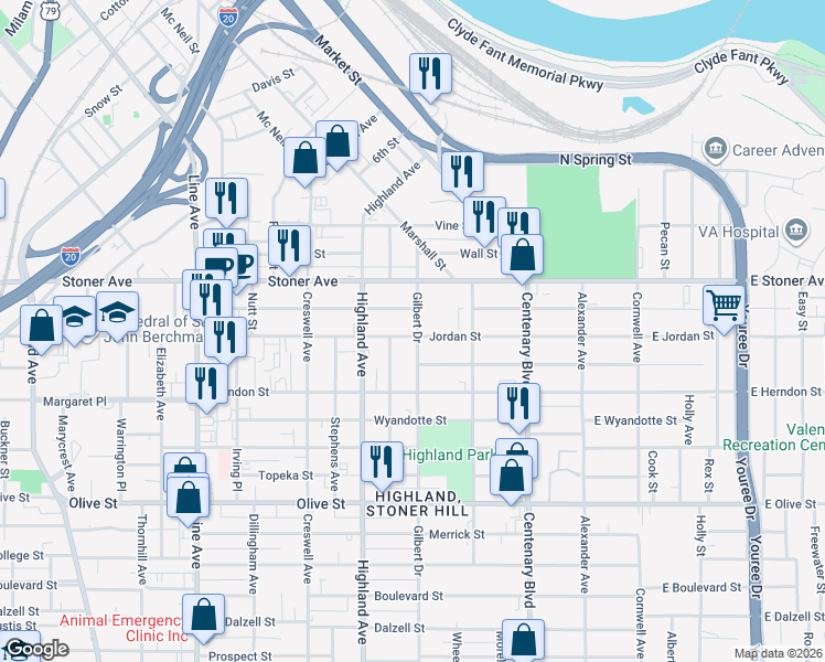map of restaurants, bars, coffee shops, grocery stores, and more near 402 Jordan Street in Shreveport