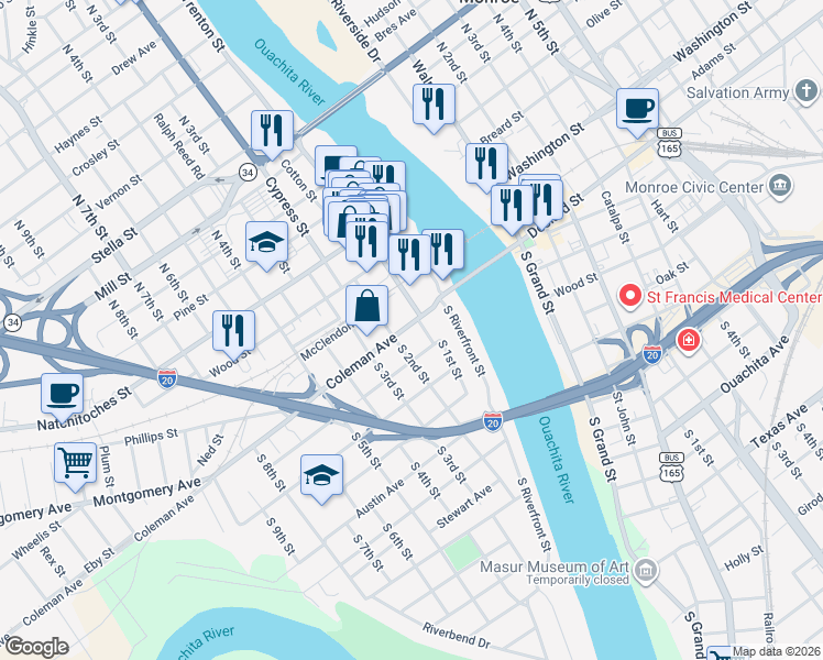 map of restaurants, bars, coffee shops, grocery stores, and more near 108 South 1st Street in West Monroe