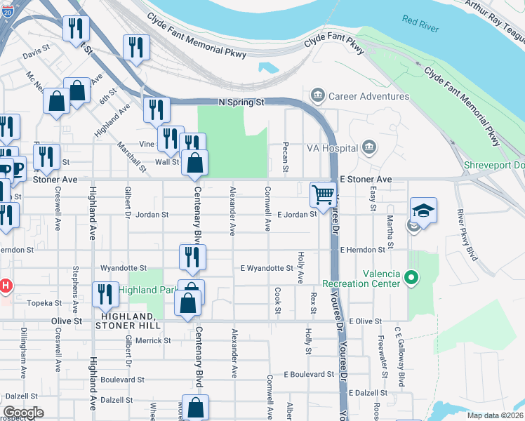 map of restaurants, bars, coffee shops, grocery stores, and more near 154 East Jordan Street in Shreveport