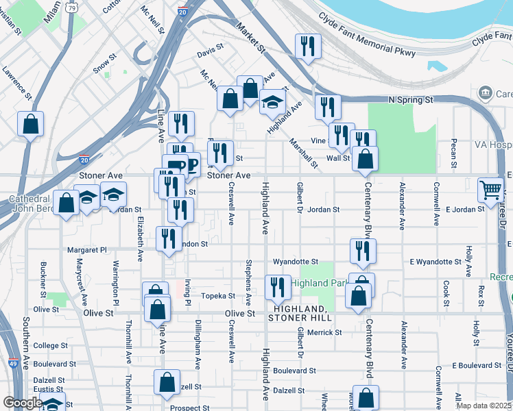 map of restaurants, bars, coffee shops, grocery stores, and more near 461 Egan Street in Shreveport