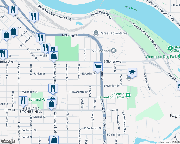 map of restaurants, bars, coffee shops, grocery stores, and more near 239 East Egan Street in Shreveport