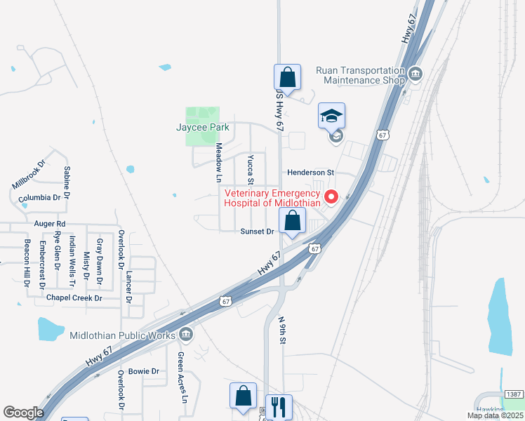 map of restaurants, bars, coffee shops, grocery stores, and more near 1413 Ridgecrest Drive in Midlothian