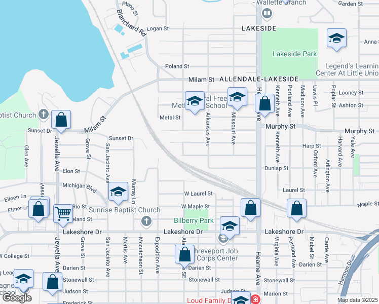 map of restaurants, bars, coffee shops, grocery stores, and more near 2946 Harp Street in Shreveport