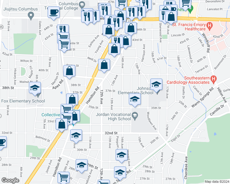 map of restaurants, bars, coffee shops, grocery stores, and more near 3705 14th Avenue in Columbus