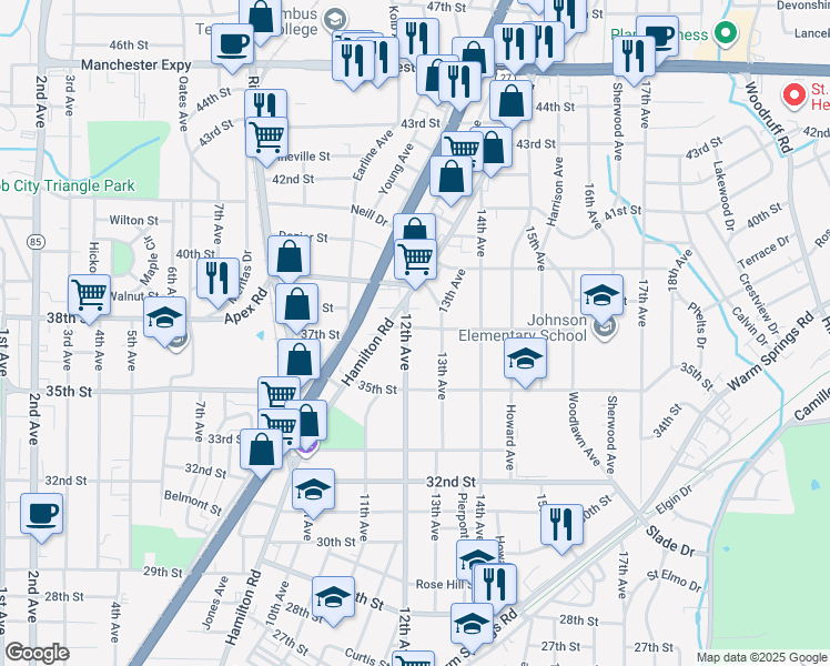 map of restaurants, bars, coffee shops, grocery stores, and more near 3715 13th Avenue in Columbus