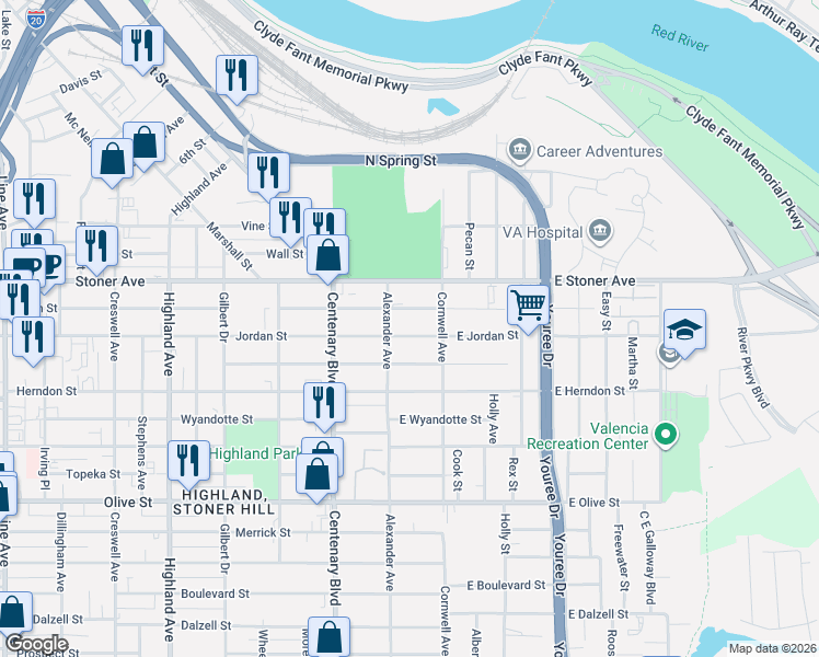map of restaurants, bars, coffee shops, grocery stores, and more near 119 East Egan Street in Shreveport