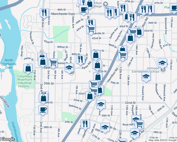 map of restaurants, bars, coffee shops, grocery stores, and more near 800 Apex Road in Columbus