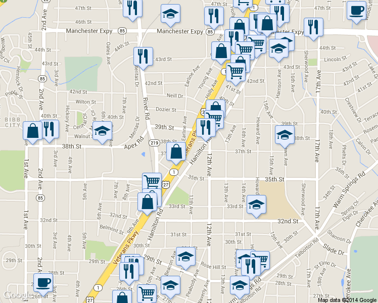 map of restaurants, bars, coffee shops, grocery stores, and more near 3702 Veterans Parkway in Columbus
