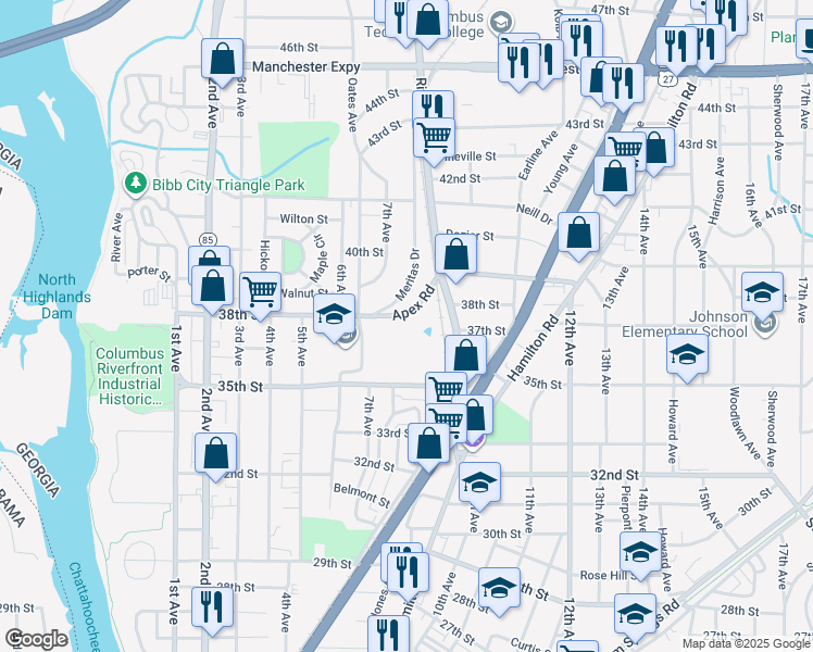 map of restaurants, bars, coffee shops, grocery stores, and more near 719 Apex Road in Columbus