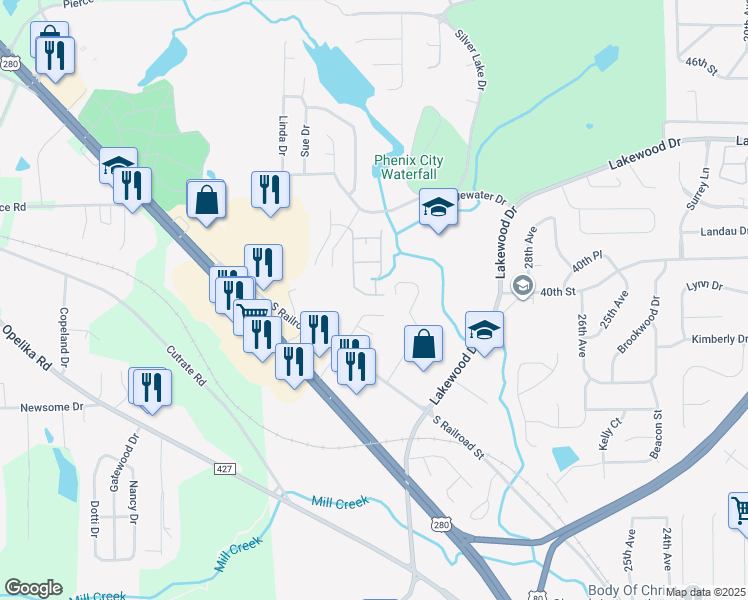 map of restaurants, bars, coffee shops, grocery stores, and more near R1 Bridgecrest Drive in Phenix City