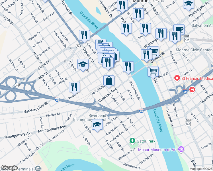 map of restaurants, bars, coffee shops, grocery stores, and more near in West Monroe
