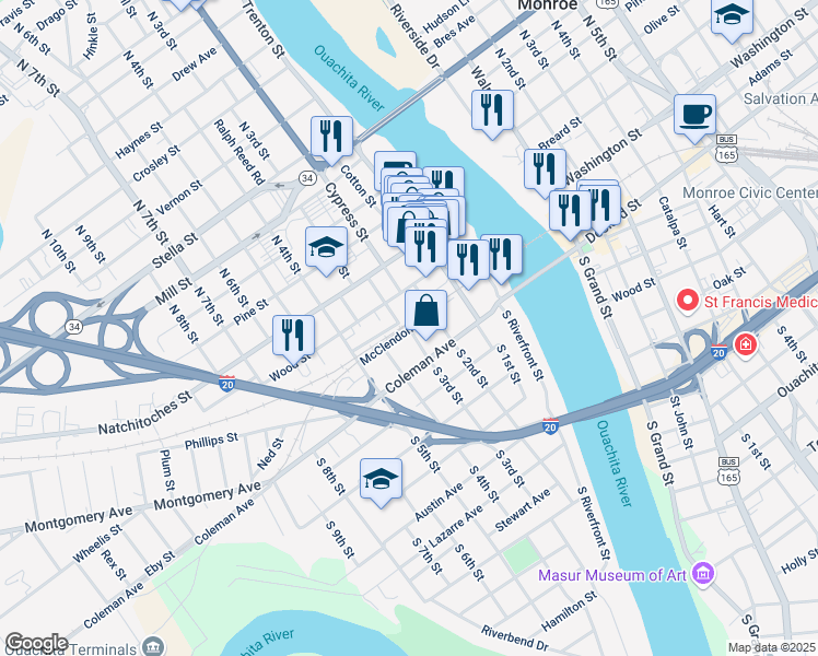 map of restaurants, bars, coffee shops, grocery stores, and more near 398 South Railroad Avenue in West Monroe