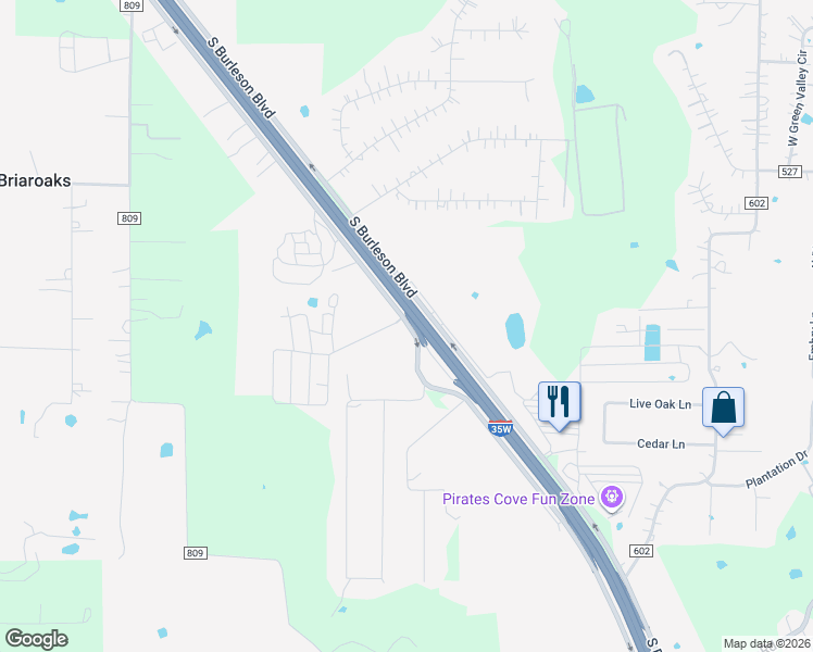 map of restaurants, bars, coffee shops, grocery stores, and more near 2185 South Burleson Boulevard in Burleson