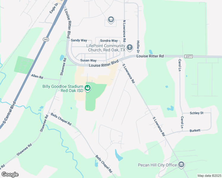 map of restaurants, bars, coffee shops, grocery stores, and more near 219 Josey Lane in Red Oak