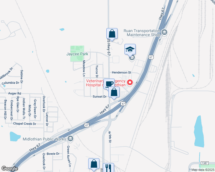 map of restaurants, bars, coffee shops, grocery stores, and more near 1420 Ridgecrest Drive in Midlothian