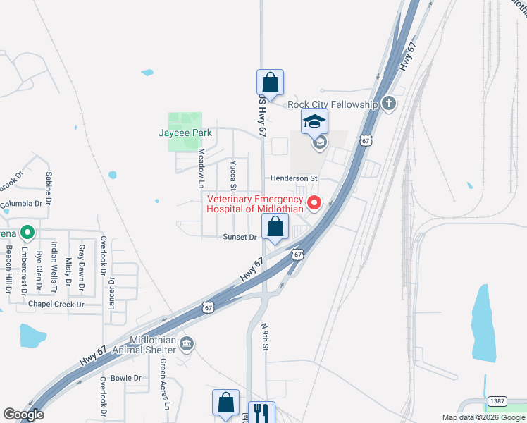 map of restaurants, bars, coffee shops, grocery stores, and more near 100 East Ridgeway Drive in Midlothian