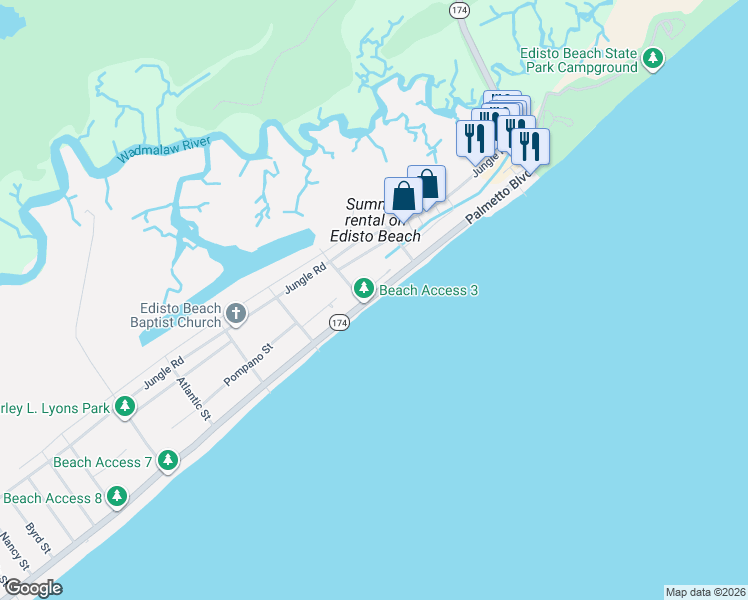 map of restaurants, bars, coffee shops, grocery stores, and more near 203 Whaley Street in Edisto Island