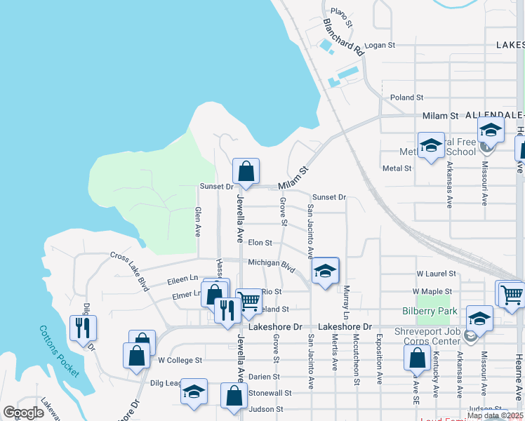 map of restaurants, bars, coffee shops, grocery stores, and more near 3631 Bellaire Avenue in Shreveport