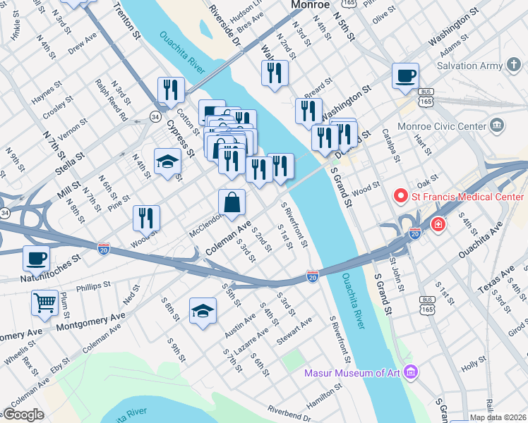 map of restaurants, bars, coffee shops, grocery stores, and more near 108 South 1st Street in West Monroe