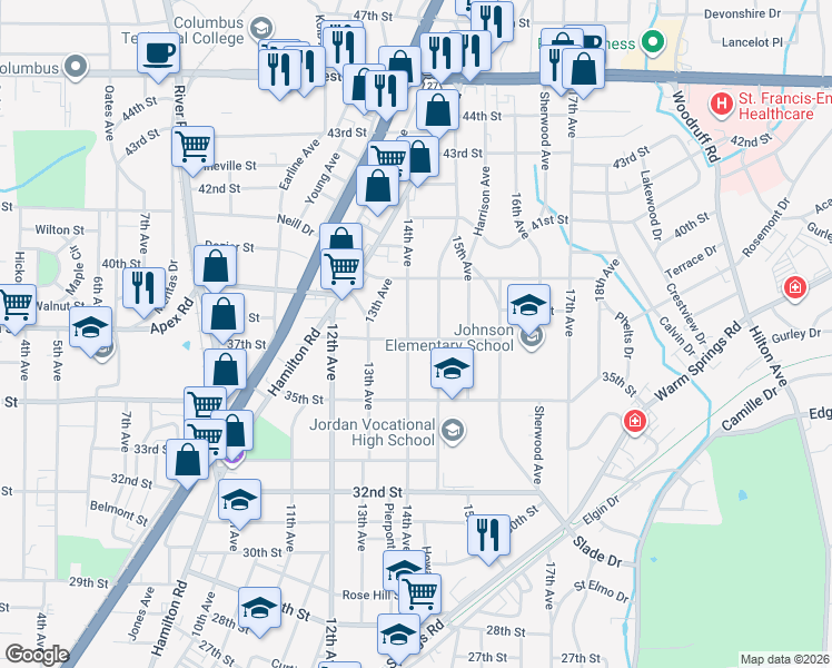 map of restaurants, bars, coffee shops, grocery stores, and more near 3711 Howard Avenue in Columbus
